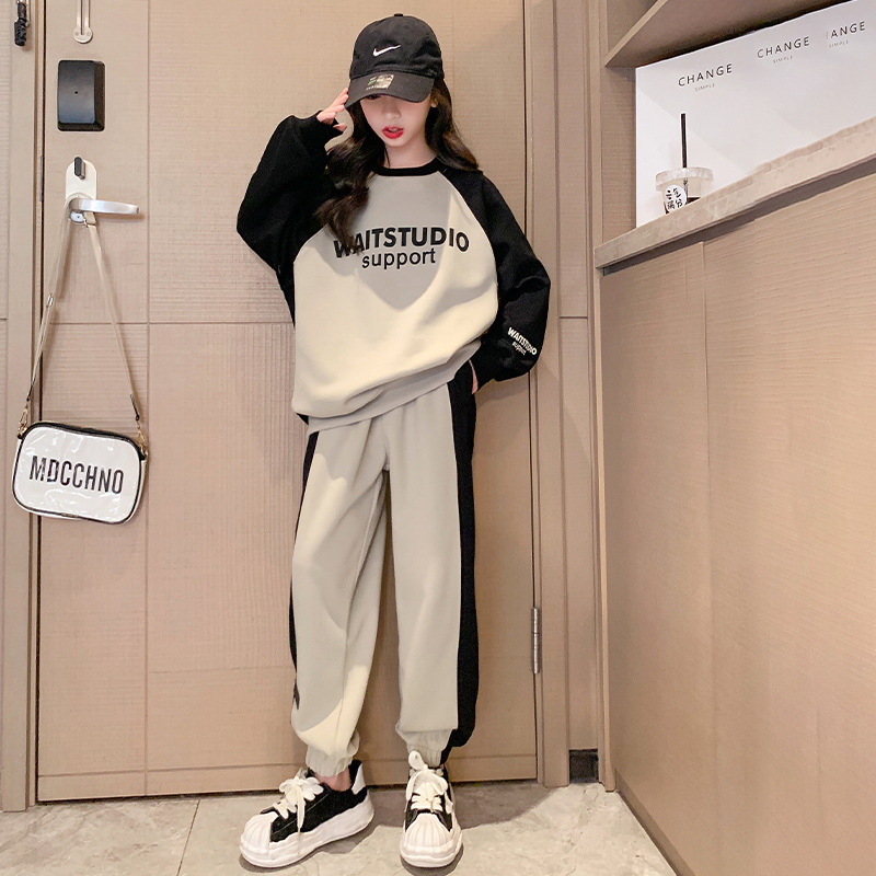 Dievčenské športové oblečenie, jesenné oblečenie, veľké detské oblečenie 2024, nové detské oblečenie v západnom štýle, detská móda, ležérny sveter, dvojdielna súprava