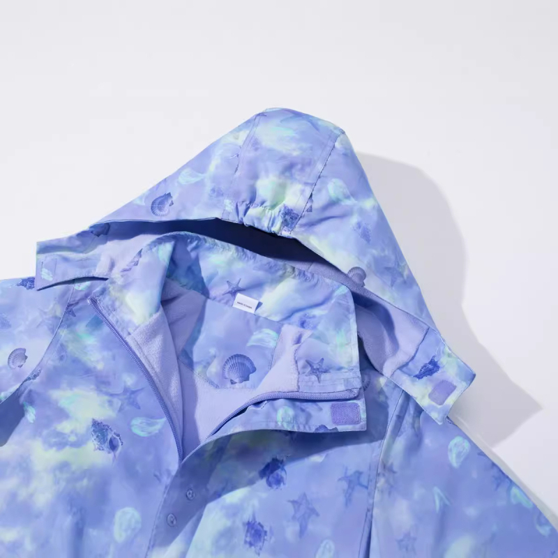 Ženska dječja svijetloljubičasta gradijentna jakna za vanjsku upotrebu s printom za srednji i veliki uzrast, topla vodootporna jakna s flis podstavom i printom bez kape