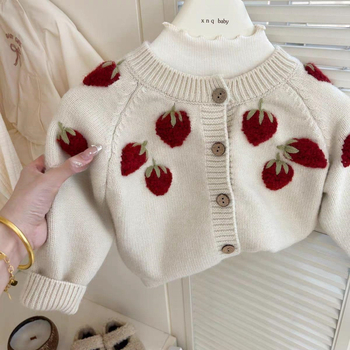 Djevojčice, novi ručno vezeni kardigan s uzorkom jagode za djevojčice, retro stereo, proljetna i jesenska odjeća