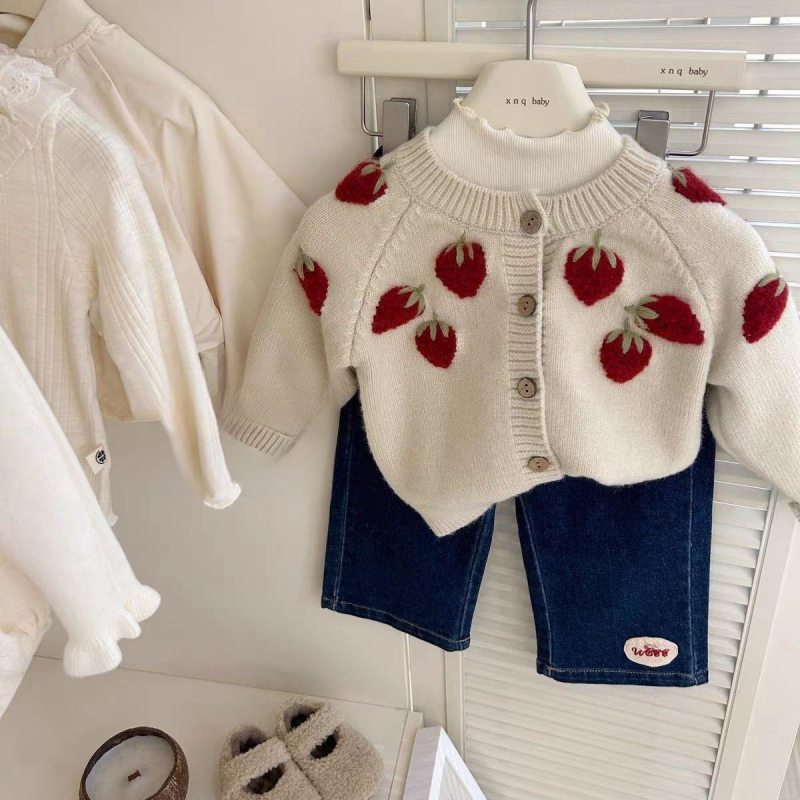 Djevojčice, novi ručno vezeni kardigan s uzorkom jagode za djevojčice, retro stereo, proljetna i jesenska odjeća