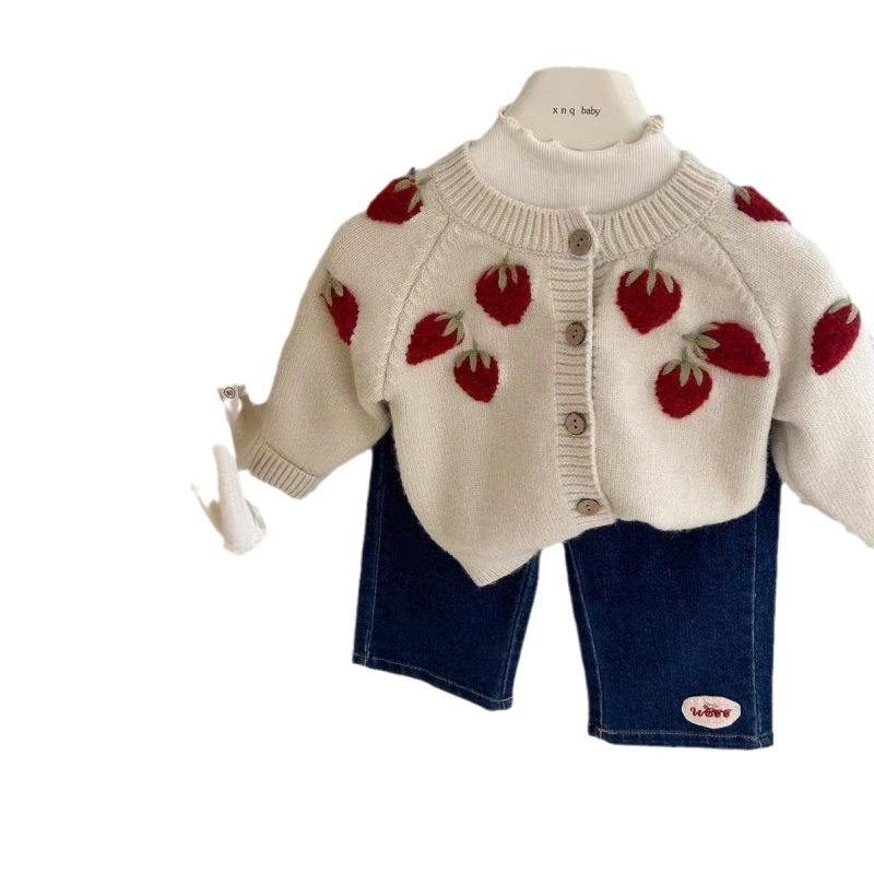 Djevojčice, novi ručno vezeni kardigan s uzorkom jagode za djevojčice, retro stereo, proljetna i jesenska odjeća