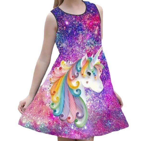 Temu populárne dievčenské letné šaty s jednorožcom, princeznovské šaty s kreslenou potlačou pre deti