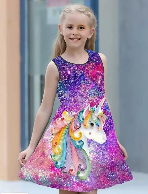 Temu populárne dievčenské letné šaty s jednorožcom, princeznovské šaty s kreslenou potlačou pre deti