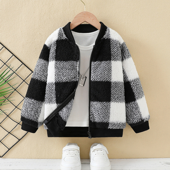 Europski i američki dječaci, ležerni karirani ovratnik, zadebljani plišani kardigan dugih rukava s patentnim zatvaračem