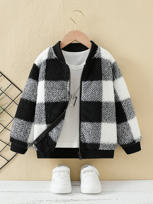 Europski i američki dječaci, ležerni karirani ovratnik, zadebljani plišani kardigan dugih rukava s patentnim zatvaračem