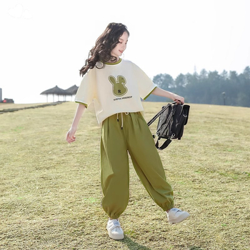 Καλοκαιρινό κοστούμι για κορίτσια 2024 Νέο casual κορεάτικο στυλ με κοντομάνικο δυτικό στυλ, πράσινο κουνέλι, μοντέρνο, δροσερό παντελόνι με φαρδιά μπατζάκια, σετ δύο τεμαχίων