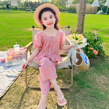 Καλοκαιρινό Παιδικό Νέο Λεπτό Χαριτωμένο Μόδας Κοριτσιών Western Style Χρώμα Ζευγάρι Κοστούμι με Μισό Μανίκι