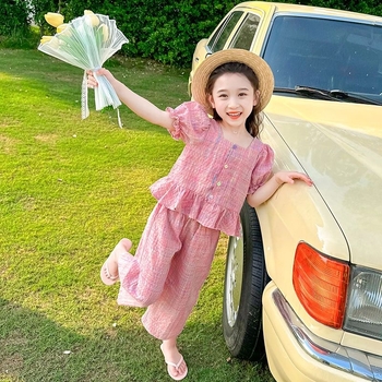 Καλοκαιρινό Παιδικό Νέο Λεπτό Χαριτωμένο Μόδας Κοριτσιών Western Style Χρώμα Ζευγάρι Κοστούμι με Μισό Μανίκι