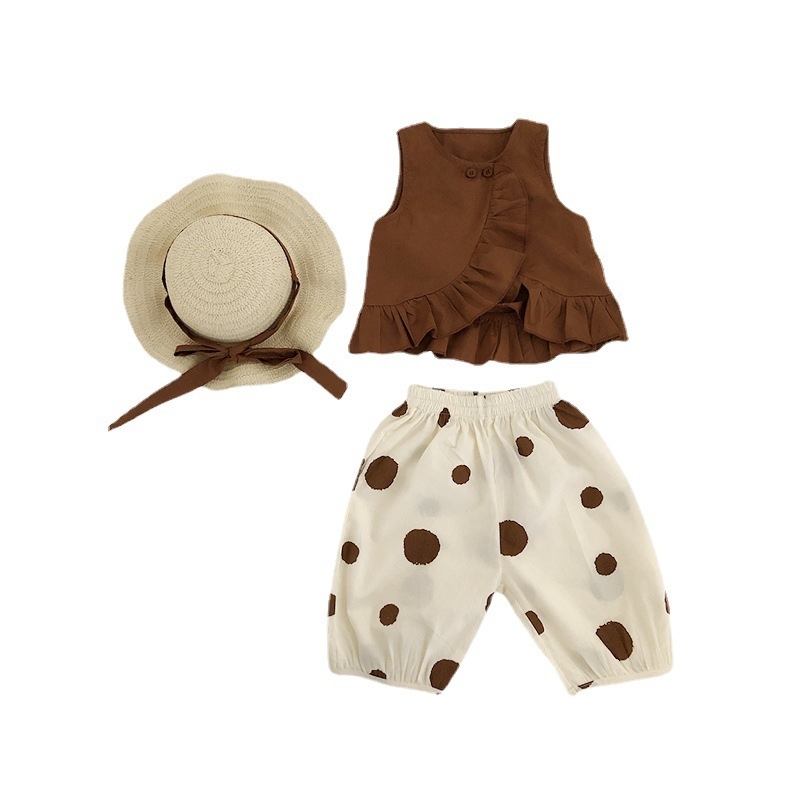 Dievčenský kostým 2025 Letné nové detské tričko bez rukávov v kórejskom štýle pre bábiky s polo bodkami a širokými nohavicami, dvojdielna súprava, klobúk zadarmo