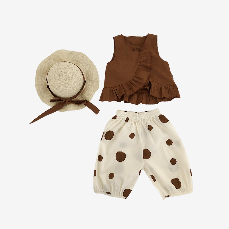 Dievčenský kostým 2025 Letné nové detské tričko bez rukávov v kórejskom štýle pre bábiky s polo bodkami a širokými nohavicami, dvojdielna súprava, klobúk zadarmo