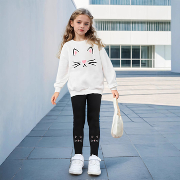 Φούτερ 2 τεμαχίων για κορίτσια INS για διασυνοριακό εξωτερικό εμπόριο & φούτερ με μακριά μανίκια και στάμπα με πρόσωπο γάτας, στενό παντελόνι