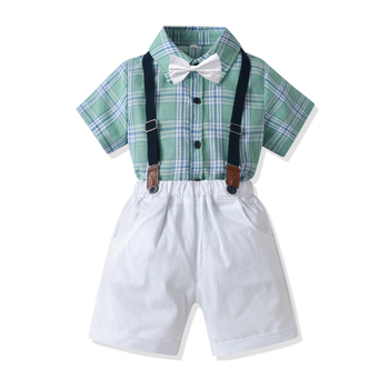 Dječja ljetna karirana košulja s leptir-mašnom i kratkim rukavima, Cross-Border Boys, tregeri, muška haljina od četiri dijela