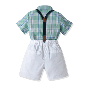 Παιδικό φόρεμα τέταρτης κοπής για αγόρια, καλοκαιρινό καρό με παπιγιόν, κοντομάνικο πουκάμισο με τιράντες, σορτς και τιράντες, σε στιλ τζέντλεμαν, για παιδιά με τετράγωνη εμφάνιση