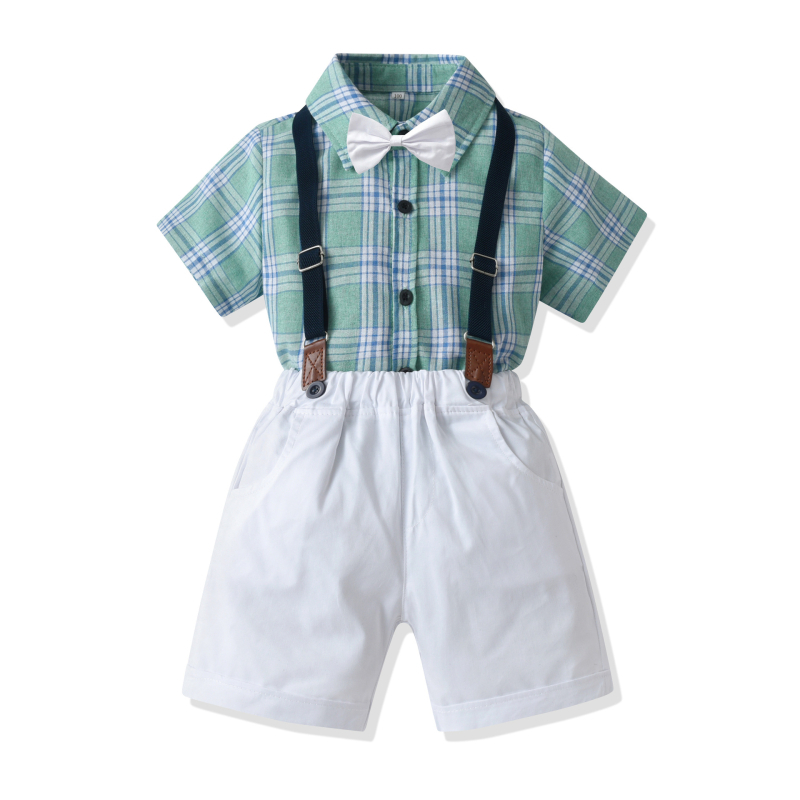 Dječja ljetna karirana košulja s leptir-mašnom i kratkim rukavima, Cross-Border Boys, tregeri, muška haljina od četiri dijela