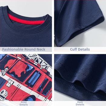 Европейски и американски детски дрехи с къс ръкав 2025 детска тениска за момче с карикатура на пожарна кола, модел лято, половин ръкав, фабрика на едро