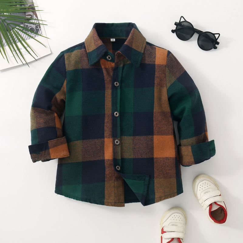 Nové chlapčenské jesenné a zimné kockované česané tričko s dlhým rukávom pre malé a stredné deti, všestranné vrchné oblečenie