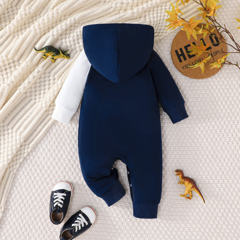 2025. aasta kevad- ja sügisene igapäevane vabaaja uus dinosauruse tikitud mustriga pikkade varrukatega kapuutsiga ruuduline jumpsuit otsetarnetega