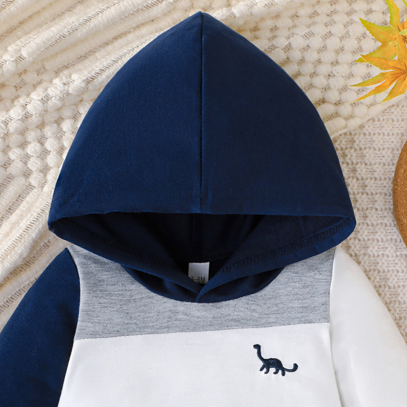 2025. aasta kevad- ja sügisene igapäevane vabaaja uus dinosauruse tikitud mustriga pikkade varrukatega kapuutsiga ruuduline jumpsuit otsetarnetega