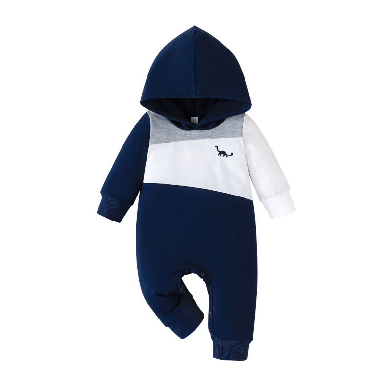 2025. aasta kevad- ja sügisene igapäevane vabaaja uus dinosauruse tikitud mustriga pikkade varrukatega kapuutsiga ruuduline jumpsuit otsetarnetega