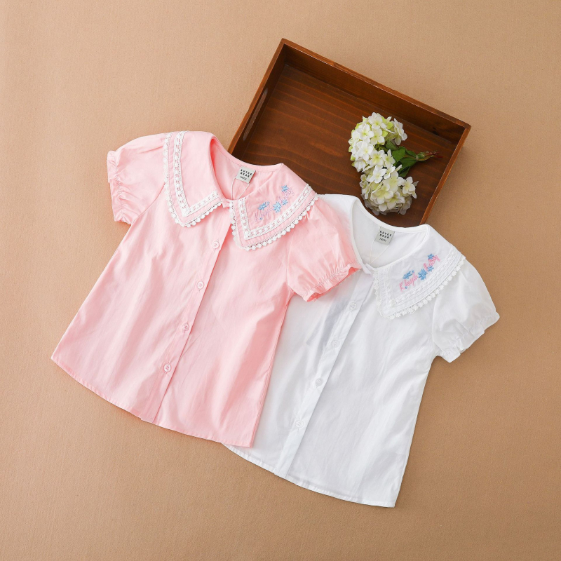 Tüdrukute lühikeste varrukatega särk, valge suvine lasteriietus, laste topp puhvis varrukatega, puuvillane alussärk, puhas puuvill, hingav ja allakeeratava kraega