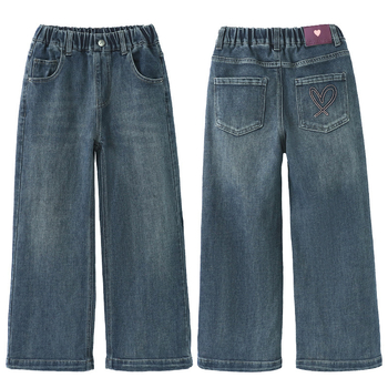 Τζιν με επένδυση φλις για κορίτσια, νέο στυλ χειμώνα 2024, κορεατική έκδοση, ευέλικτο, χοντρό, χαλαρό παντελόνι με φαρδιά μπατζάκια, κομψό παντελόνι με ίσια μπατζάκια