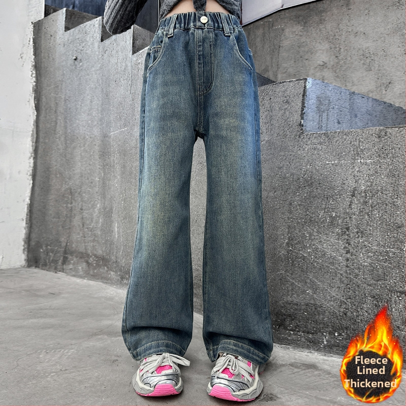 Dievčenské rifle s flísovou podšívkou, zima 2024, nový štýl, kórejská verzia, všestranné, zahustené, voľné nohavice so širokými nohavicami, štýlové nohavice rovného strihu