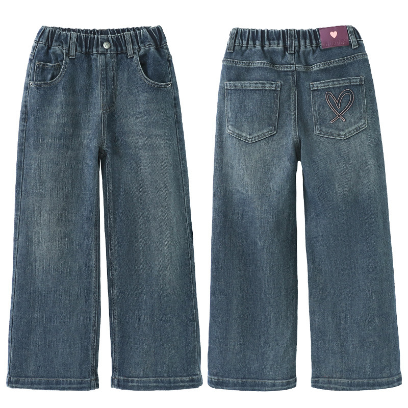 Dievčenské rifle s flísovou podšívkou, zima 2024, nový štýl, kórejská verzia, všestranné, zahustené, voľné nohavice so širokými nohavicami, štýlové nohavice rovného strihu