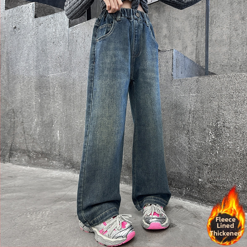 Dievčenské rifle s flísovou podšívkou, zima 2024, nový štýl, kórejská verzia, všestranné, zahustené, voľné nohavice so širokými nohavicami, štýlové nohavice rovného strihu