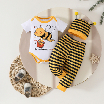 Európska a americká letná súprava s krátkym rukávom a trojuholníkovým vzorom s detským včelím vzorom, žlté a čierne pruhované nohavice s chápadlami a čiapkou