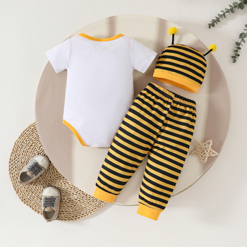 Ευρωπαϊκό και αμερικανικό καλοκαιρινό τριγωνικό καπέλο με σχέδιο μωρού μέλισσας, κοντομάνικο, κίτρινο και μαύρο ριγέ παντελόνι και σκουφάκι με πλοκάμια, σετ τριών τεμαχίων