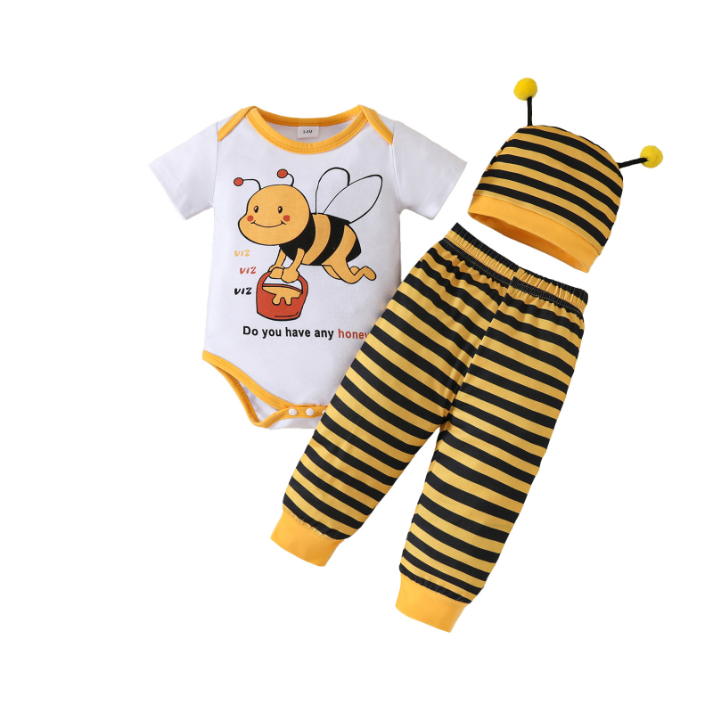 Európska a americká letná súprava s krátkym rukávom a trojuholníkovým vzorom s detským včelím vzorom, žlté a čierne pruhované nohavice s chápadlami a čiapkou