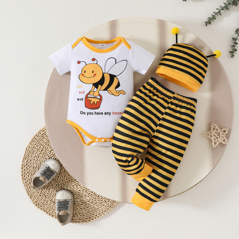 Európska a americká letná súprava s krátkym rukávom a trojuholníkovým vzorom s detským včelím vzorom, žlté a čierne pruhované nohavice s chápadlami a čiapkou