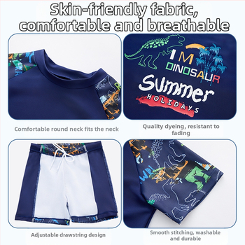 Laste ujumistrikoo 2025 uus lõhestatud poiste ujumistrikoo 3-12-aastastele ujumispükstele, koomiksiga dinosauruse mustriga ujumistrikoo