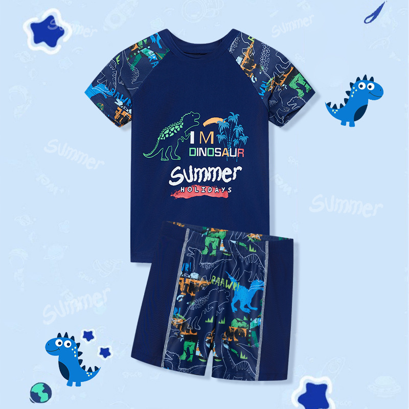 Laste ujumistrikoo 2025 uus lõhestatud poiste ujumistrikoo 3-12-aastastele ujumispükstele, koomiksiga dinosauruse mustriga ujumistrikoo