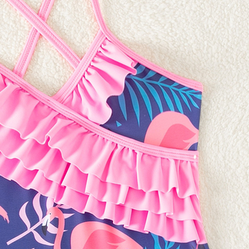 Εξωτερικό Εμπόριο Νέο Παιδικό Μαγιό για Κορίτσια με Κινούμενα Σχέδια Φλαμίνγκο, Ολόσωμο Μαγιό για Κορίτσια με Βολάν