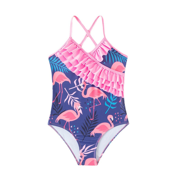 Εξωτερικό Εμπόριο Νέο Παιδικό Μαγιό για Κορίτσια με Κινούμενα Σχέδια Φλαμίνγκο, Ολόσωμο Μαγιό για Κορίτσια με Βολάν