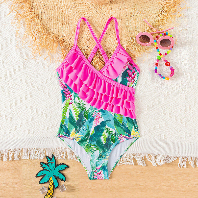 Zahraničný obchod Nové cezhraničné detské plavky pre dievčatá, kreslený plameňák, jednodielne plavky s volánmi pre dievčatá
