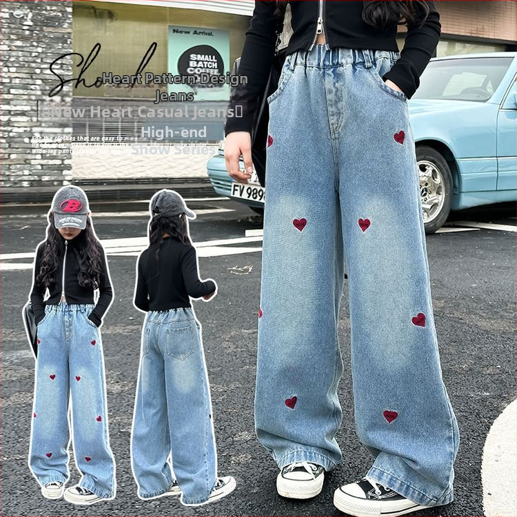 Piiriülesed tüdrukute kevad- ja sügisteksad 2025. aastaks. Uued Korea stiilis keskmise ja suure laste moe armastuskirjaga tikitud teksad. Trendikad