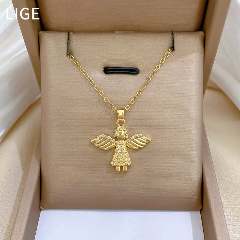 [Τιτάνιο Ατσάλι] Angel Little Girl Light Πολυτελές Κομψό Υπέροχο Κολιέ με Διαμάντια, Γυναικεία Αλυσίδα Κλειδαριάς, Αλυσίδα Τιτανίου Ατσάλι