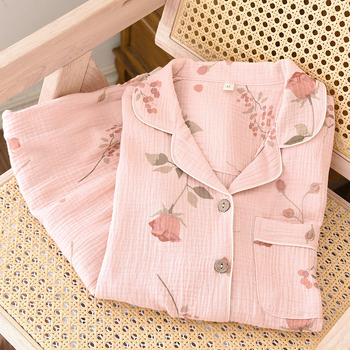 Ροζ τριαντάφυλλο διπλής στρώσης βαμβακερή γάζα πιτζάμες γυναικών άνοιξη και φθινόπωρο καλοκαίρι λεπτό μακρυμάνικο φαρδιά ρούχα σπιτιού μαλακό κοστούμι