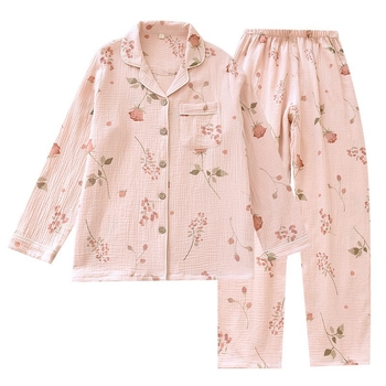 Ροζ τριαντάφυλλο διπλής στρώσης βαμβακερή γάζα πιτζάμες γυναικών άνοιξη και φθινόπωρο καλοκαίρι λεπτό μακρυμάνικο φαρδιά ρούχα σπιτιού μαλακό κοστούμι