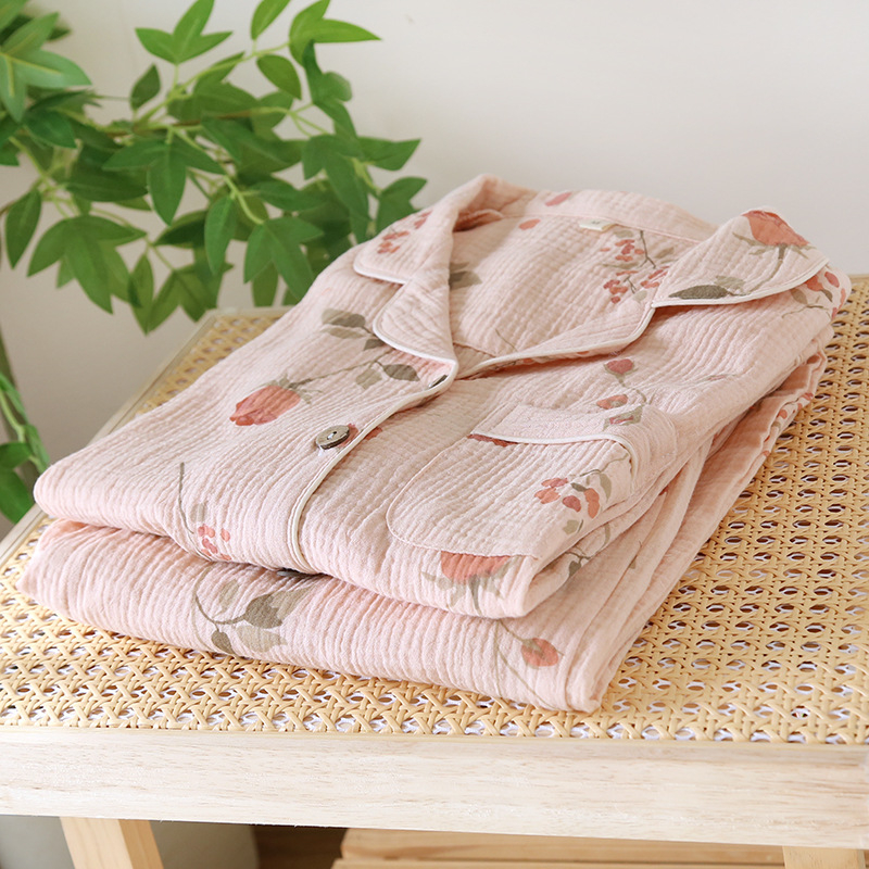 Ružové ružové dvojvrstvové bavlnené gázové pyžamo pre ženy, jarné a jesenné letné tenké voľné domáce oblečenie s dlhým rukávom, mäkký oblek