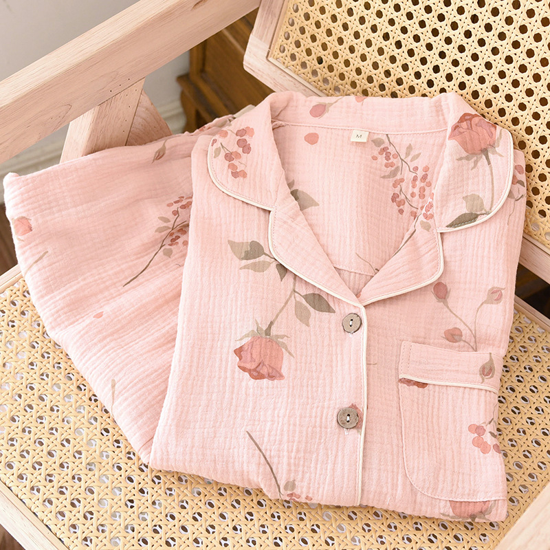 Ružové ružové dvojvrstvové bavlnené gázové pyžamo pre ženy, jarné a jesenné letné tenké voľné domáce oblečenie s dlhým rukávom, mäkký oblek