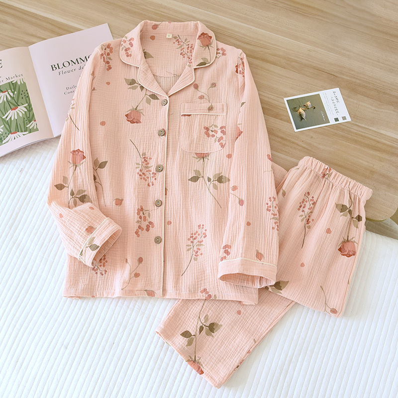 Ružové ružové dvojvrstvové bavlnené gázové pyžamo pre ženy, jarné a jesenné letné tenké voľné domáce oblečenie s dlhým rukávom, mäkký oblek