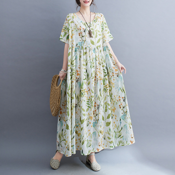 Ljeto 2023. Novi dolazak, umjetnička moda, boemska haljina za veće veličine s kratkim rukavima i okruglim izrezom, printom