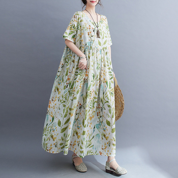 Ljeto 2023. Novi dolazak, umjetnička moda, boemska haljina za veće veličine s kratkim rukavima i okruglim izrezom, printom