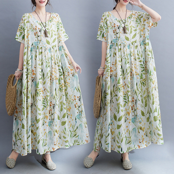 Ljeto 2023. Novi dolazak, umjetnička moda, boemska haljina za veće veličine s kratkim rukavima i okruglim izrezom, printom
