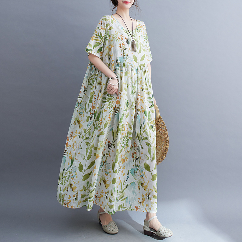 Ljeto 2023. Novi dolazak, umjetnička moda, boemska haljina za veće veličine s kratkim rukavima i okruglim izrezom, printom