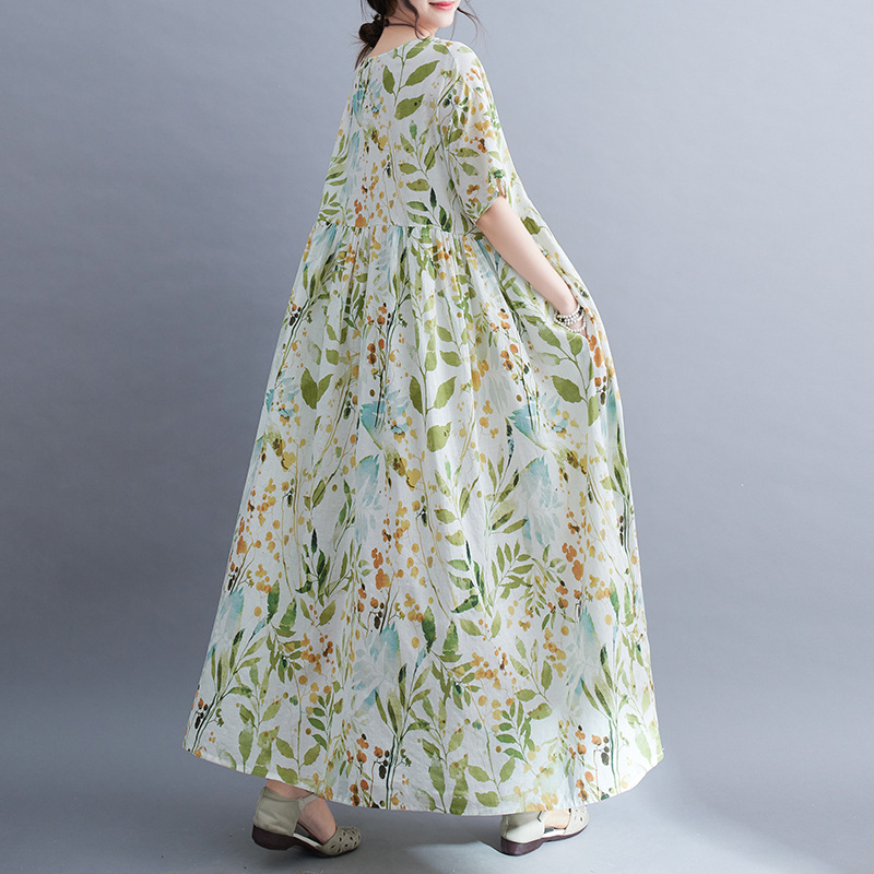 Ljeto 2023. Novi dolazak, umjetnička moda, boemska haljina za veće veličine s kratkim rukavima i okruglim izrezom, printom