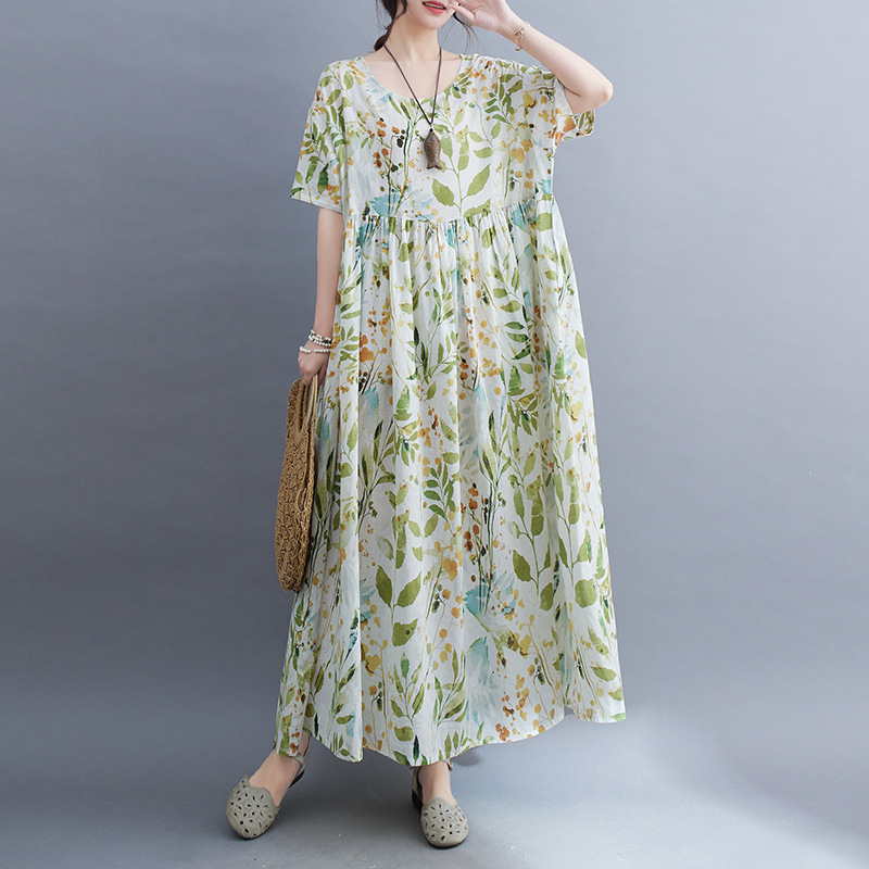 Ljeto 2023. Novi dolazak, umjetnička moda, boemska haljina za veće veličine s kratkim rukavima i okruglim izrezom, printom